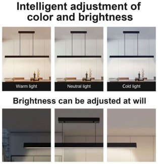 POPOLIC LED Pendelleuchte Esstisch 115cm, Dimmbare Moderne LED Pendelleuchten Mit Fernbedienung, 3000K/4500K/6000K 3 Farben, Lichter 10% -100% Helligkeit Einstellbar, Höhenverstellbar, Für Büro Esszimmer