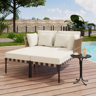 Merax Gartensofa, Outdoor Loungesessel, Abnehmbarer und Modularer Garten Loungesessel, Balkonmöbel-Set, Loungemöbel, Terrassenmöbel mit 4 Kissen, Couchtisch mit Abnehmbaren und Waschbaren Kissen, Beige