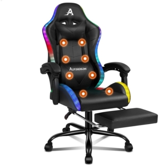 ALFORDSON Gaming-Stuhl Massagestuhl mit LED, ergonomischer Schreibtischstuhl mit 150° Neigung, Einziehbarer Fußstütze, PU-Leder, Höhenverstellbar, 180 kg Tragkraft