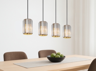 Hängeleuchte, 4-Flammig, Holzoptik, Kristall rauch, L 88 cm