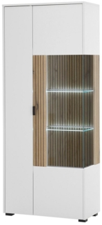 Lomadox Vitrine HUNTER-61 Vitrine Standvitrine Beleuchtung weiß matt Eiche gerillt 75x180x38 cm