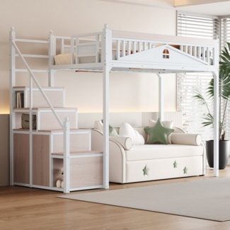 Flieks Hochbett Metallbett Kinderbett 90x200cm mit Stauraumtreppe und Sicherheitszaun