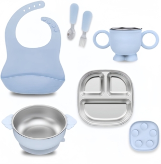 Kindergeschirr-Set, bruchsicherer, abnehmbarer Teller aus Edelstahl 304 mit Saugnapf, blau.