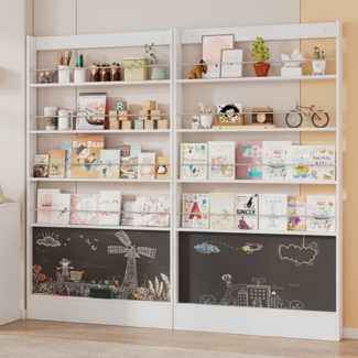 Bilderbuchregal 2er Set mit Kreidetafel & Kippschutz, je 100×10×180 cm, weiß