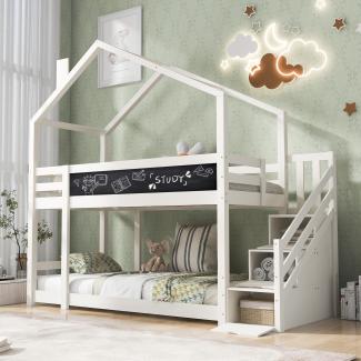 Merax 90x200 cm Kinderbett Baumhaus mit Schornstein & Speicherung und Rausfallschutz, Hochbett - Weiß(ohne Matratze)