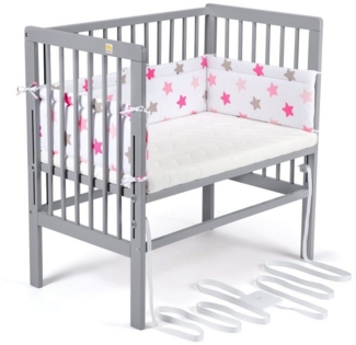 FabiMax 4829 'BOXSPRING' Beistellbett grau, inkl. Matratze 'CLASSIC' und Nestchen 'Sterne' rosa auf weiß