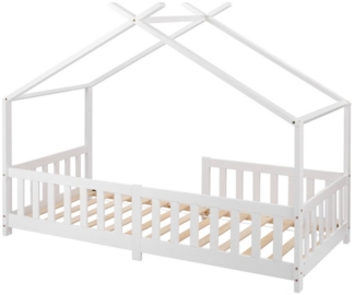 MODFU Kinderbett Kinder Bett Jugendbett Hausbett Kinderhaus Holzbett Massivholzbett (mit Lattenrost und Rausfallschutz Zaun), Massivholz,90x200cm