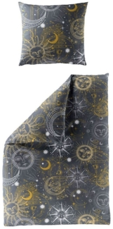 JACK Bettwäsche 135x200cm Sonne Mond Sterne Anthrazit, Biber, 2 teilig, mit atemberaubendem Sonne-Mond-Sterne-Design
