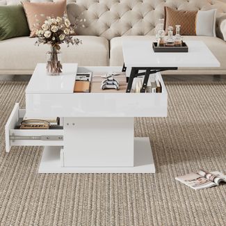 Quadratischer Couchtisch Weiß Hochglanz mit Hebefunktion 360° Drehung Stauraum Schublade Wohnzimmertisch Beistelltisch