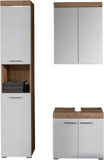 Badmöbel Amanda Hochglanz weiß und Eiche 3-teilig 112 cm, ohne Waschbecken
