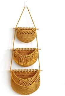 Jumpeak Hängeaufbewahrung Obstkorb Hängend 3 Etagen,Hängekörbe,Wandhängetasche, Hängetasche, Deko-Objekte,Hängeaufbewahrung,Baumwolle-Leinen,Multifunktional