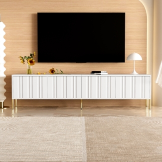 TV-Schrank Weiß 190 cm mit 4 Türen, gerilltem Design, viel Stauraum, goldene Beine, gedämpfte Scharniere, Saugroboterfreundlich