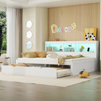 Merax Daybett 140x200cm mit Ausziehbett 90x190cm, Schlafsofa Tagesbett mit LED- Beleuchtung und Staufach