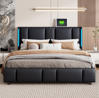 FUROKOY Stauraumbett Polsterbett Doppelbett mit LED-Beleuchtung Kopfteil (Bettgestell mit Metallrahmen und Lattenrost), Hydraulisches Funktionsbett, ohne Matratze, Schwarz, PU, 160x200cm