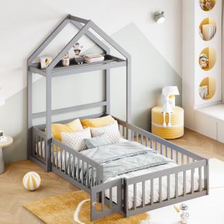 Merax Massivholzbett abnehmbares Kinderbett Hausbett mit Regal und Kleiderstange 90x200cm, Grau