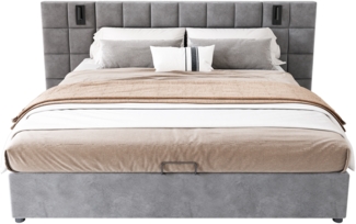 Polsterbett 160x200 cm mit hydraulischem Bettkasten, karomustriertes Kopfteil, Stahlrahmen, verstellbare Leselampe & USB, grau