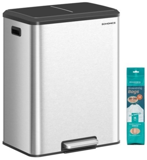 SONGMICS Mülleimer Küche, Mülltrennsystem 2x30 L, 2 Fächer für Recycling und Restmüll, Abfalleimer, Inneneimer, Edelstahl, Softclose-Deckel, breites robustes Peda