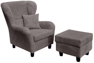 luma-home Ohrensessel 18019 (mit Hocker und Zierkissen, Wellenunterfederung), Lesesessel mit Echtholzfüßen, Bezug Cordstoff in Grau