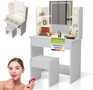 Juskys Schminktisch Zoey & Hocker Melly mit Touch-LED-Spiegel, Kosmetiktisch mit Schublade, viel Stauraum, pflegeleichte Melamin-Oberfläche – Weiß