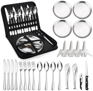 SURFOU Besteck-Set Camping Geschirr Set 4 Personen, 24 Stück Camping Besteck Set, 4 Personen, Besteck Camping mit Löffel Gabel Messer Teller Clip für Camping,Reisen
