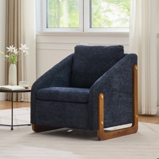 Flieks Relaxsessel, Loungesessel mit Holzarmlehne inklusive Rückenkissen fürs Wohnzimmer, Chenille, Blau