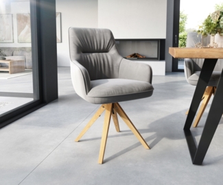 Esszimmerstuhl Zelia-Flex mit Armlehnen Samt Grau Holzgestell kantig Natur Taschenfederkern