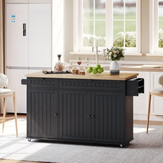 Kücheninsel 137x70x89,5 cm mit klappbarer Platte, 6 Rollen, 2 Schubladen und Schrank in Schwarz/Natur