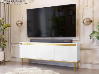 TV-Lowboard Carmesi 3D mit 3 Klappen, Untergestell aus Metall (Farbe: Weiß / Weiß + Gold)