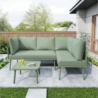 BlingBin Gartenlounge-Set Gartenmöbel Set, L-förmiges Terrassenmöbel, Ecksofa-Set aus Eisen, (1er Set, 1-tlg, Lounge-Set aus mit Sitzkissen, verstellbaren Füßen,2 Sofas und 1 Tisch), Lounge Sitzgruppe, Outdoor, für Terrasse, Balkon, Garten, Grün