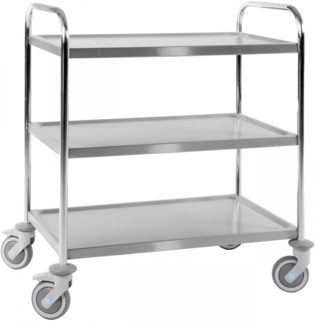 Kongamek Edelstahl- Tischwagen rostfrei mit 3 Böden 825x500mm mit Gummibereifung und Bremse