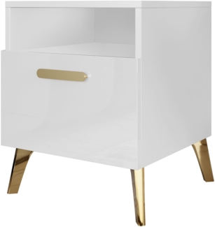Nachttisch Picru 1SZ (Farbe: Weiß / Weiß Hochglanz + Gold)