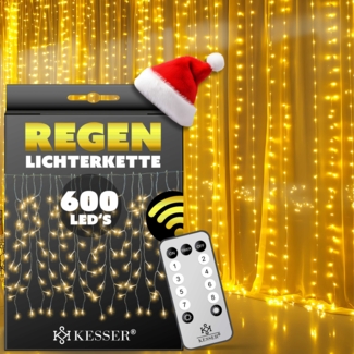 KESSER® Regenlichterkette Lichterkette inkl Fernbedienung - 8 Leuchteffekte - Timer - In- & Outdoor Regenkette Deko Weihnachtsbeleuchtung Party Warmweiß, 600 LED's