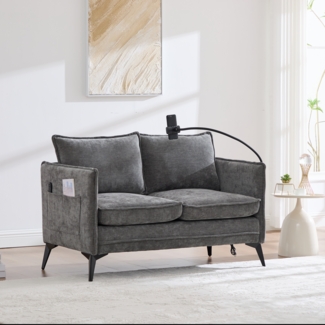 LVHOM 2-Sitzer Sofa mit Handyhalter und USB, Doppelsofa mit Seitentaschen, Polstersofa Zweisitzer mit Chenille Bezug, Grau