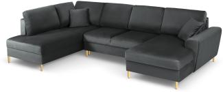 Micadoni 7-Sitzer Samtstoff Panorama Sofa Links mit Box und Schlaffunktion Moghan | Bezug Dark Grey | Beinfarbe Gold Met...