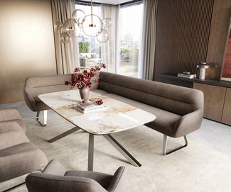 Esszimmerbank Taya-Flex 285x190 cm Strukturstoff Soft Taupe Kufengestell flach Edelstahl Taschenfederkern Rechts