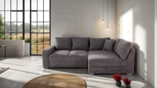 Massivart® Ecksofa Cord Grau 260 cm / ausziehbar / Schlaffunktion & Bettkasten / JANIS, Nosagunterfederung · Topper inklusive · frei im Raum stellbar