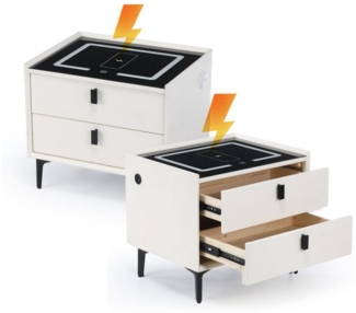 WILGOON Nachttisch Nachttische mit LED-Licht, Ladefunktion, Schubladen (2-St, Schlafzimmer Nachttisch, mit 2 Schubladen, 15W kabellose Ladestation), Touch-Sensor-Licht 3 Farbe dimmbar, für Schlafzimmer, Wohnzimmer