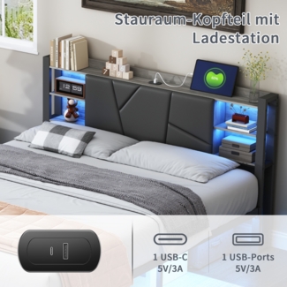 Eisen-Holz-Bett mit LED-Beleuchtung und 2 Schubladen, EU-Ladeger?t 180x200