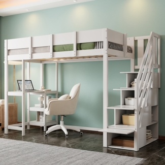 Merax Etagenbett 90 x 200 cm Hochbett Kinderbett mit Stauraum mit Ablage, Bettgestell aus massivem Kiefernholz mit Lattenrost, Bett für Kinder und Jugendliche Weiß