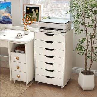 COSTWAY Rollcontainer, mit 7 Schubladen Aktenschrank mit Rollen weiß