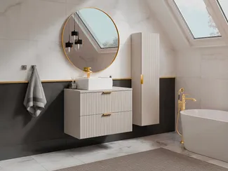 Vente-unique - ZEVARA Badezimmersäule und -regal Holz, Platte Beige - B 25 cm x H 140 cm x L 35 cm