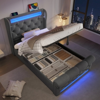 TavilaEcon Boxspringbett LED-Leuchten, Stauraum-Kopfteil mit USB- & Typ-C-Anschlüssen, Samt, Einzelbett, Hydraulisches Stauraumbett, Ohne Matratze, 90x200cm, grau