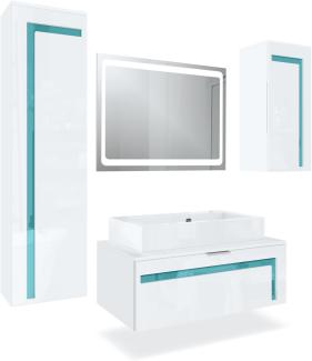 Badmöbel Komplettset Aloha V2, Korpus in Weiß matt / Fronten in Weiß Hochglanz mit Absetzungen in Petrol Hochglanz, mit Aufsatzwaschbecken und LED Spiegel