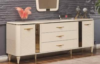 Casa Padrino Luxus Art Deco Sideboard Creme / Gold 200 x 42 x H. 72 cm - Edler Massivholz Schrank mit 2 Türen und 3 Schubladen - Art Deco Möbel - Luxus Möbel