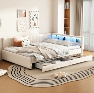 REDOM Polsterbett Stauraumbett Daybett Kinderbett Jugendbett Einzelbett (Tagesbett mit LED-Licht & USB/Typ-C Ladeanschluss, Schlafsofa mit Stauraum und Leinen-Bezug, ideal für Schlafzimmer und Jugendzimmer, 140x200cm), Ohne Matratze
