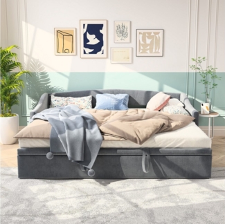 FUROKOY Schlafsofa Daybett Tagesbett Polsterbett Ausziehbares mit Bettfunktion, 1 Teile, 90x200 cm/180x200 cm,Grau,Samt,Multifunktionsbett,Lattenrost