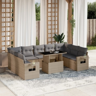 vidaXL 10-tlg. Garten-Sofagarnitur mit Kissen Beige Poly Rattan 3268109