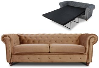 Schlafsofa Chesterfield Asti Bis 3-Sitzer, Sofa mit Schlaffunktion, Couch 3-er, Couchgarnitur, Sofagarnitur, Holzfüße - Glamour Design, Velours (Beige (Velvet 28))