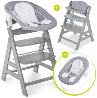 Hauck Hochstuhl Alpha Plus Grey Newborn Set (Set, 4 St), Holz Babystuhl ab Geburt inkl. Aufsatz für Neugeborene & Sitzauflage