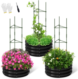 Meulbaty Blumenkasten 3er-Set Rund Metall-Hochbett für Garten mit Rankhilfe, Pflanzenhalter (3 St), für den Anbau von Tomaten, Blumen und Kräutern